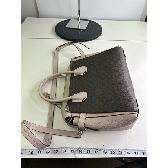 Michael Kors Mercer Medium Duffel Satchel Light Pink Stripe Leather Bag - Picture 10 of 11